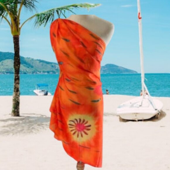 Gorgeous Hand Painted X Large Tropical Vibrant Orange Pareo Sarong - Picture 4 of 6